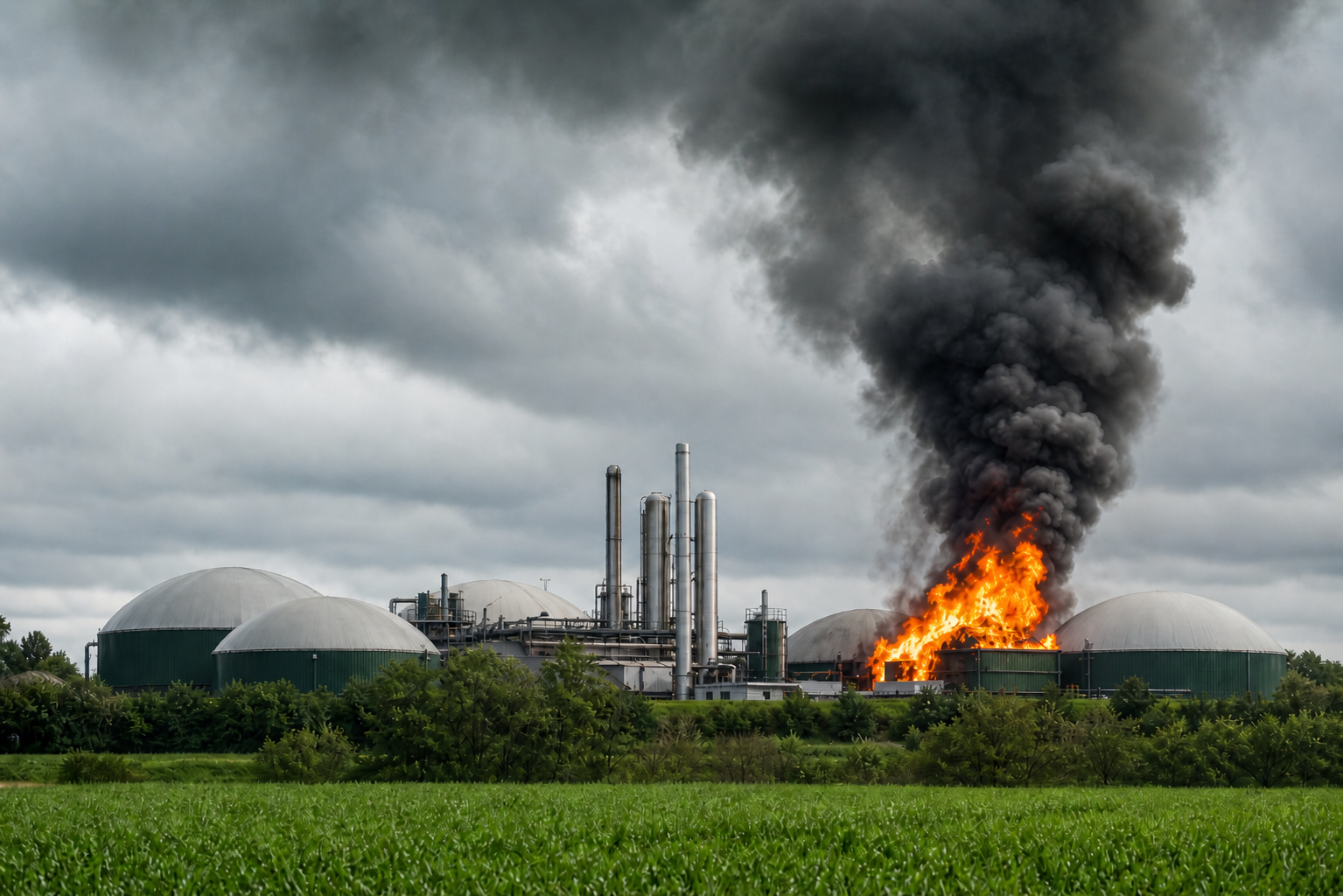 Planta industrial de biogás con depósitos circulares en una zona rural, humo oscuro e incendio visible en una instalación, como ilustración de riesgos asociados a plantas de biometano.